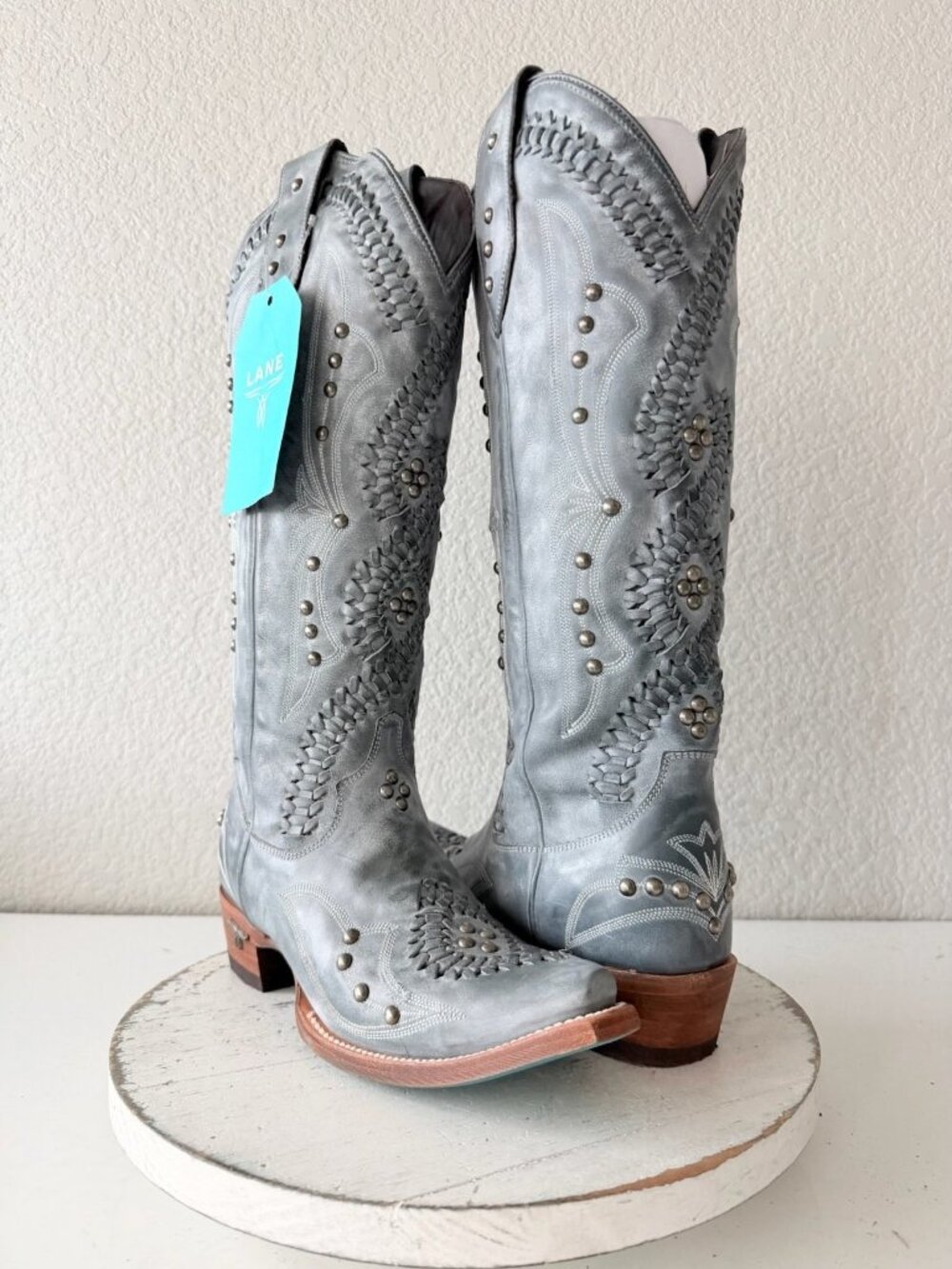 Lane COSSETTE Cowboy Boots Washed Denim Western Cowgirl Tall Snip Toe Womens 7